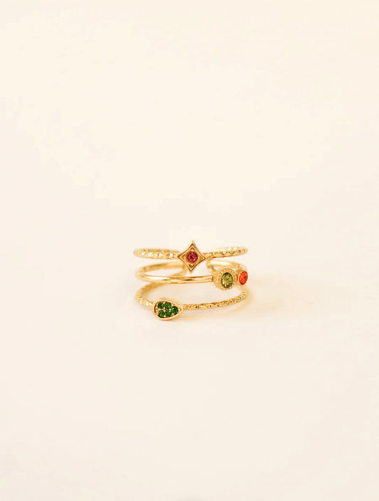 Bague Céleste ajustable en acier inoxydable doré avec pierres scintillantes rouge, orange et vert – vue principale