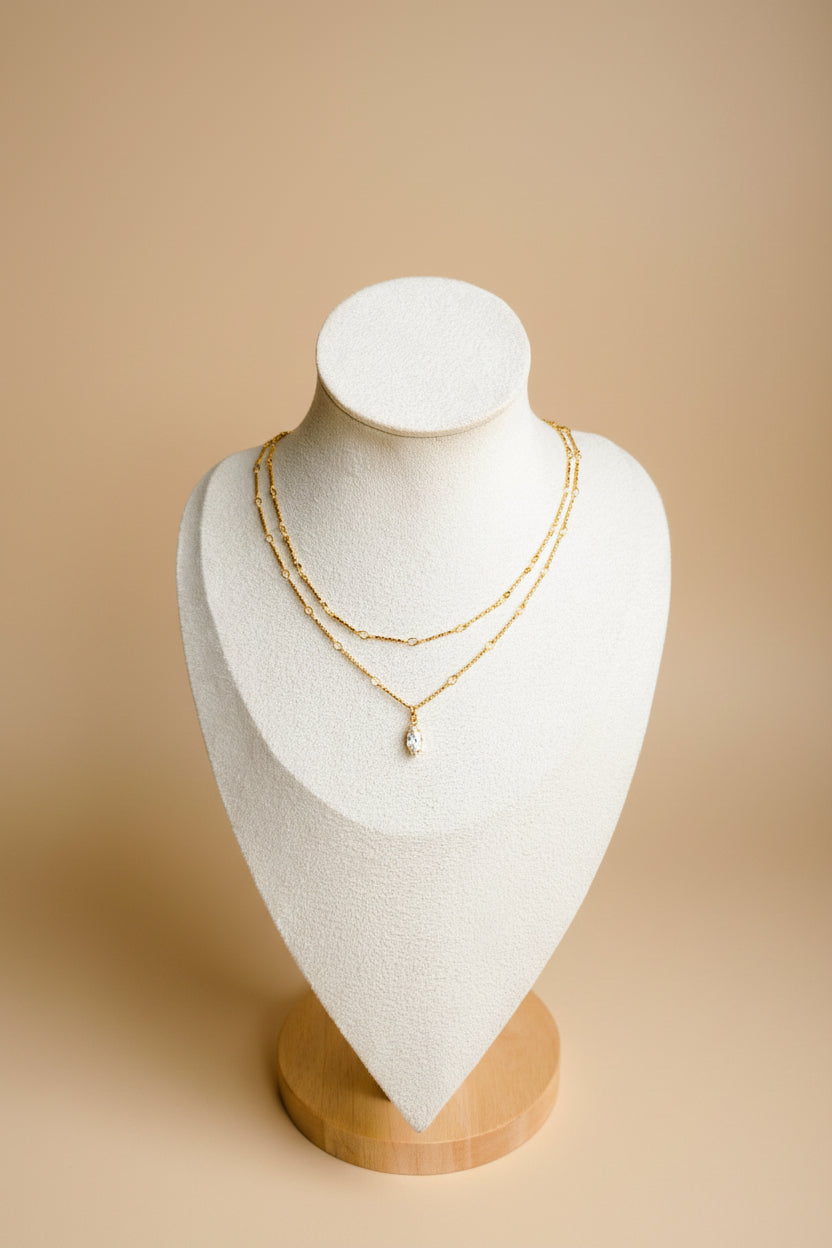 Collier Anali - Double Chaîne Dorée Pierre Goutte – Rêve de Rose
