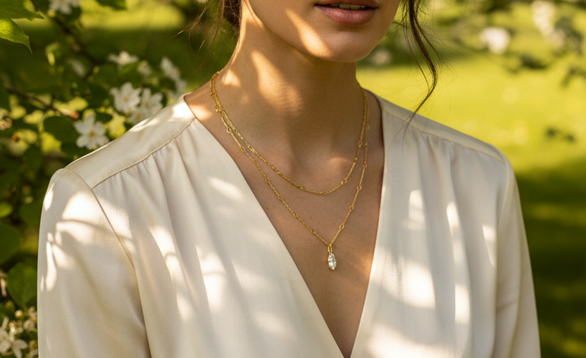 Collier Anali - Double Chaîne Dorée Pierre Goutte – Rêve de Rose