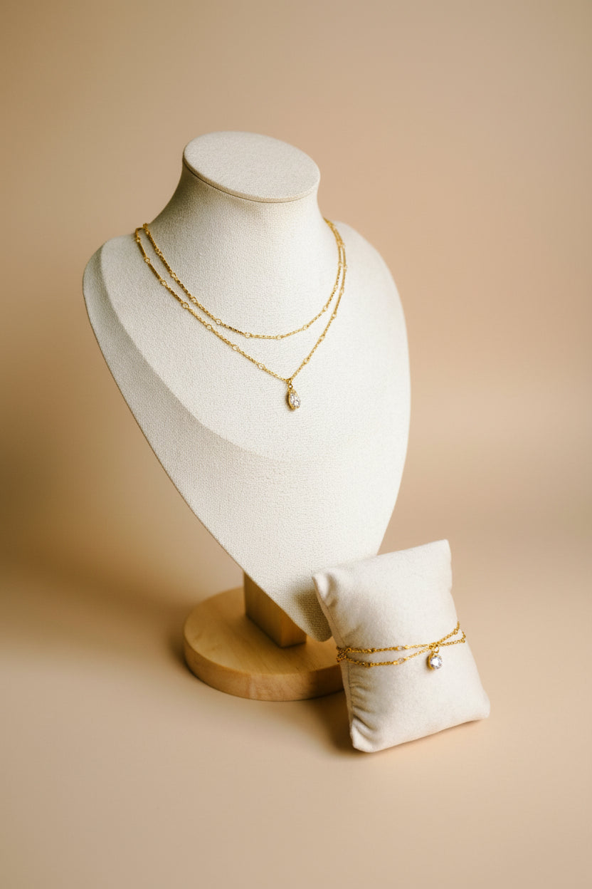 Collier Anali - Double Chaîne Dorée Pierre Goutte – Rêve de Rose