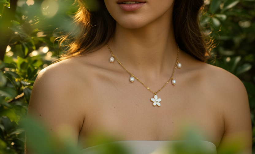 Collier Aloa - Fleur Blanche Perles & Acier Inoxydable Doré | Rêve de Rose