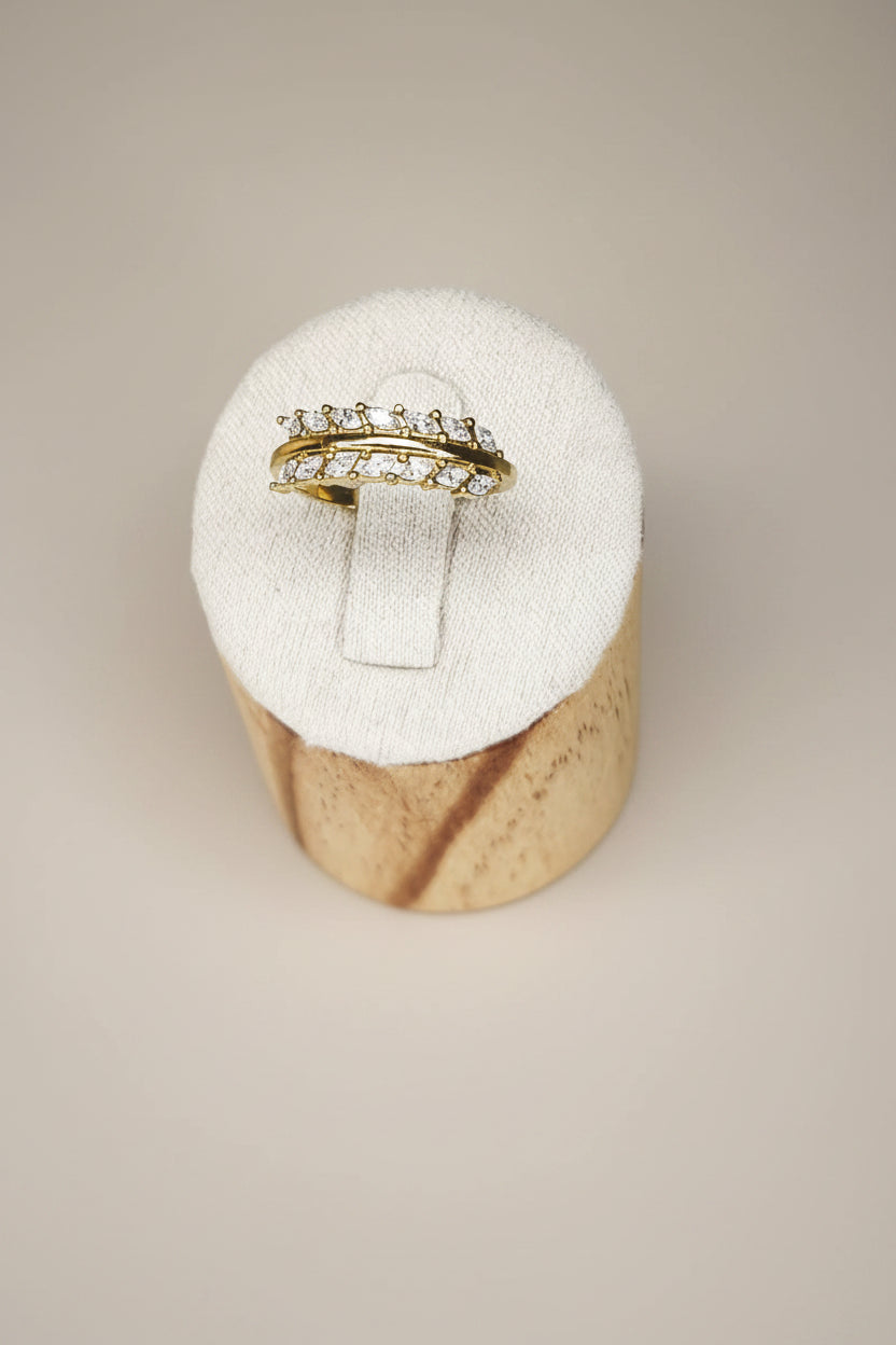 Bague couronne dorée ajustable en acier inoxydable avec zircons cubiques pavés, présentée sur un support en bois - Rêve de Rose
