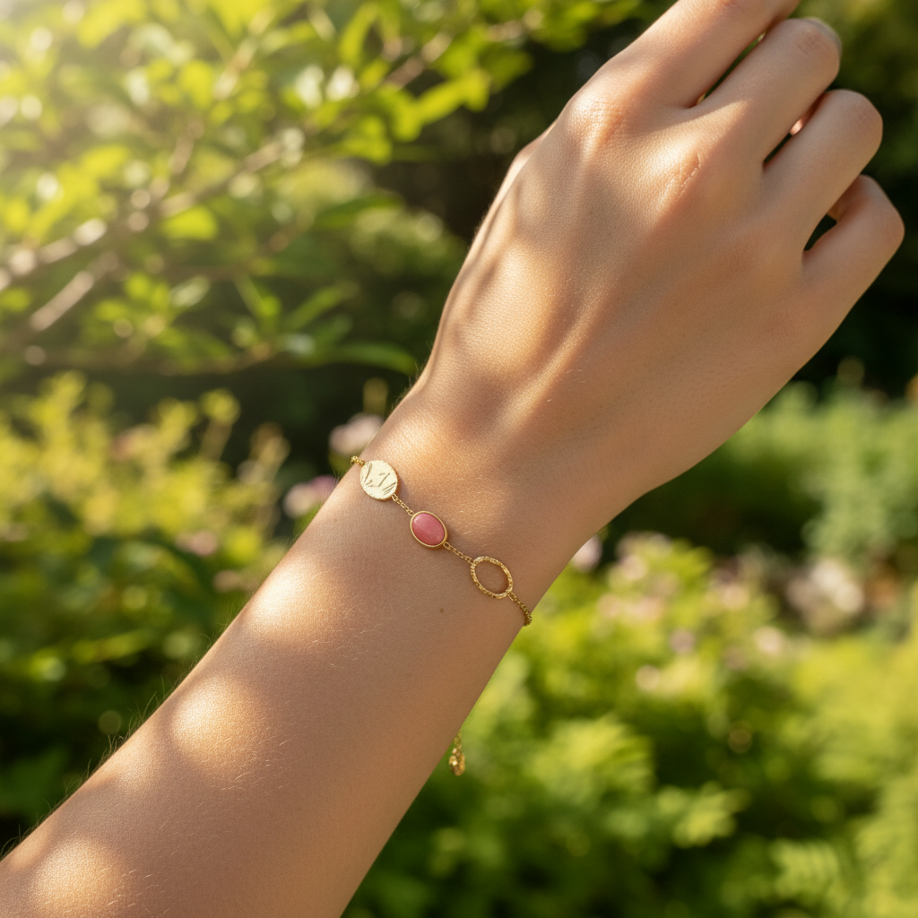 Bracelet fin en acier inoxydable doré avec pierre naturelle œil de chat rose cabochon ovale, feuille martelée, anneau torsadé et chaînette de réglage 3 cm
