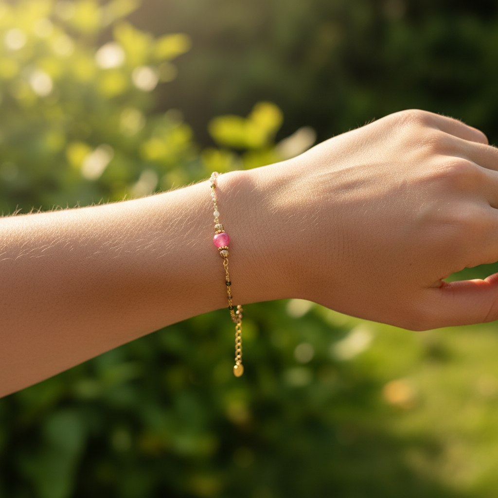 Bracelet en acier inoxydable doré composé de perles tourmaline naturelle multicolore avec pierre centrale fuchsia encadrée de perles dorées et chaînette de réglage