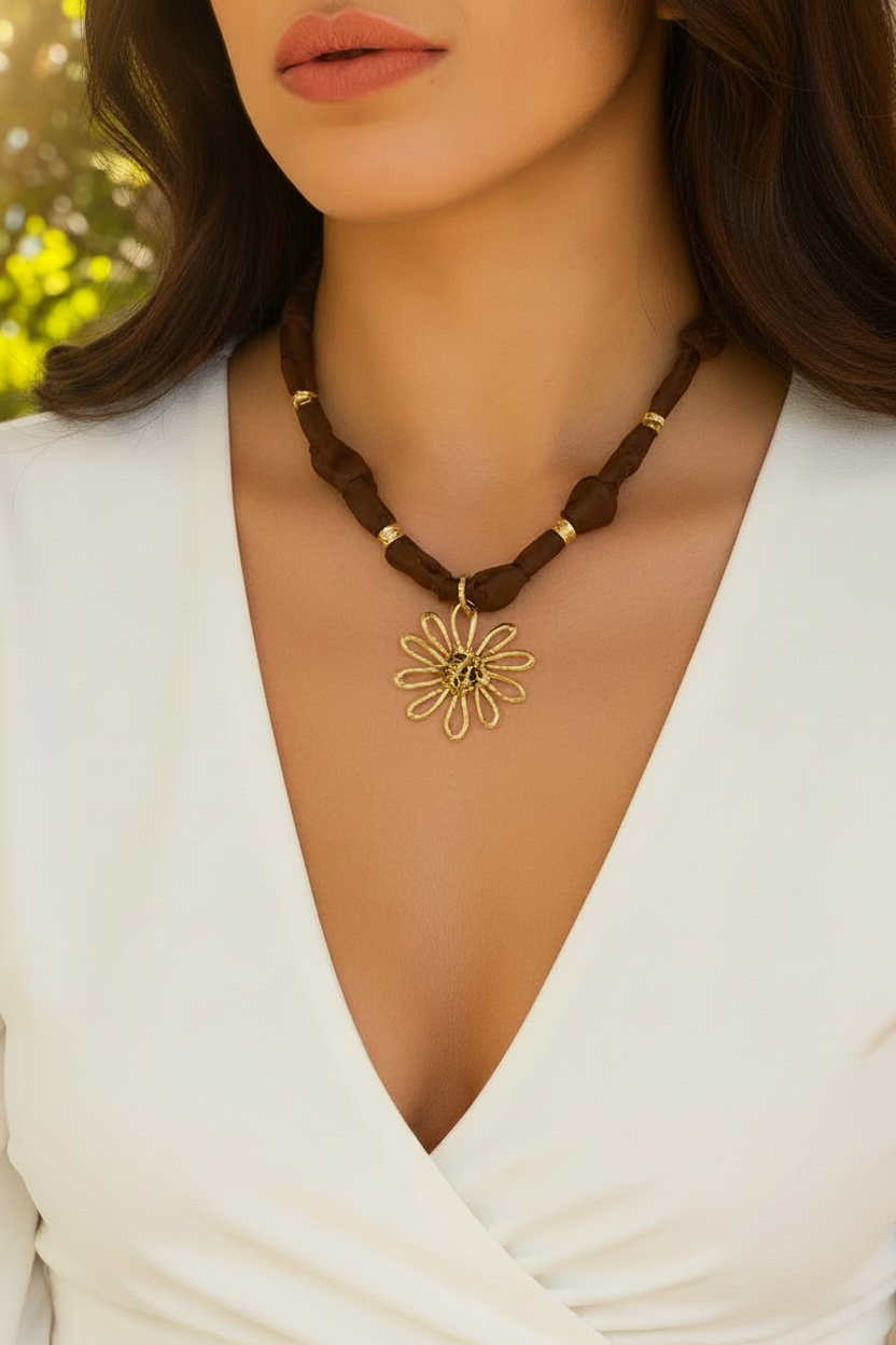 Femme portant un collier en tissu marron avec gros pendentif fleur dorée - Rêve de Rose