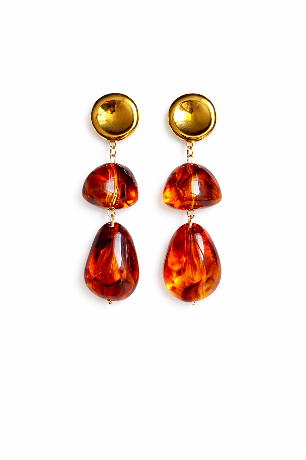 Boucles d'oreilles dorées pendantes double pierres ambrées - Rêve de Rose 