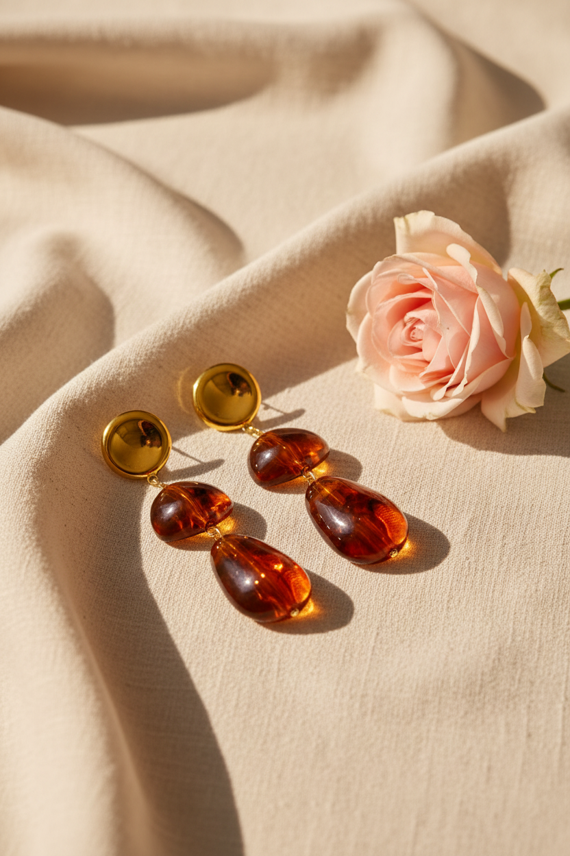 Boucles d'oreilles dorées pendantes double pierres ambrées - Rêve de Rose 
