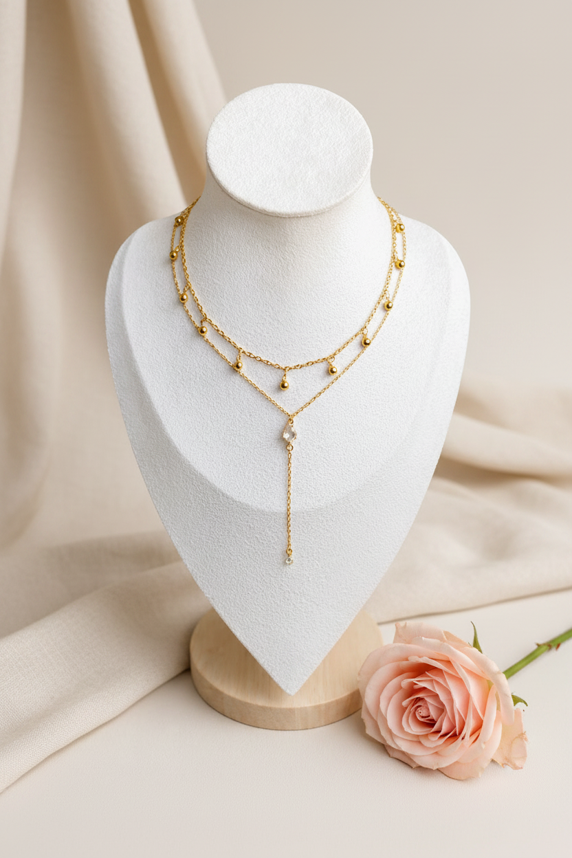 Collier double rangs doré avec zirconium - Rêve de Rose