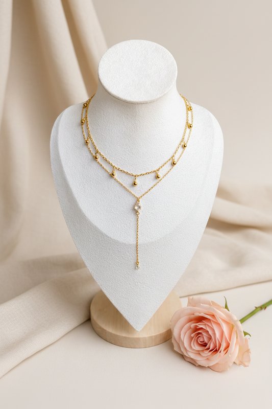 Collier double rangs doré avec zirconium - Rêve de Rose