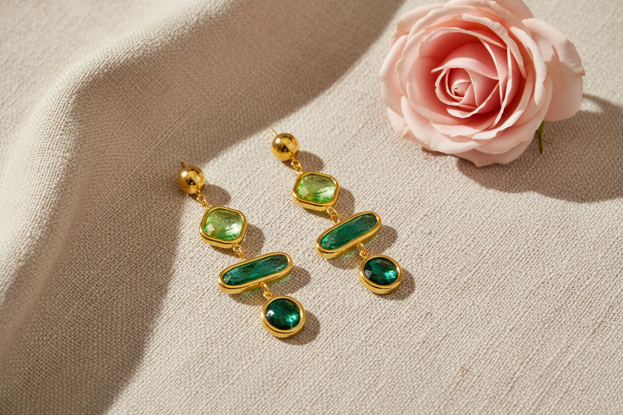 Boucles d'oreilles dorées pendantes pierres facettées vertes - Rêve de Rose