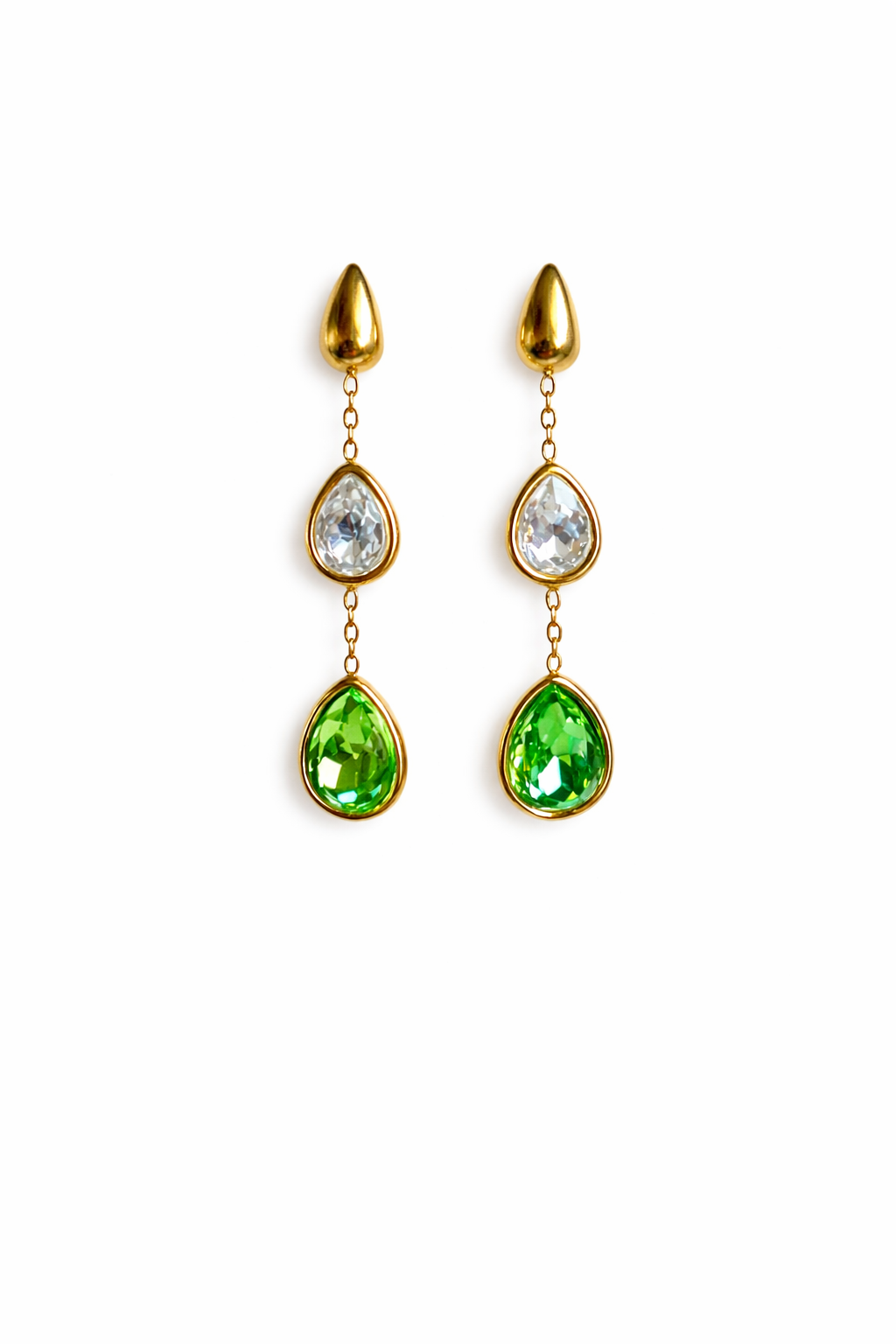 Boucles d'oreilles dorées pendantes avec pierres facettées vertes et blanches - Rêve de Rose