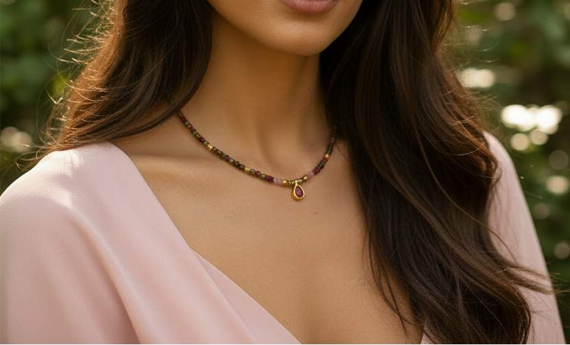 Collier Amélia en pierres naturelles multicolores et acier inoxydable doré – porté par une femme