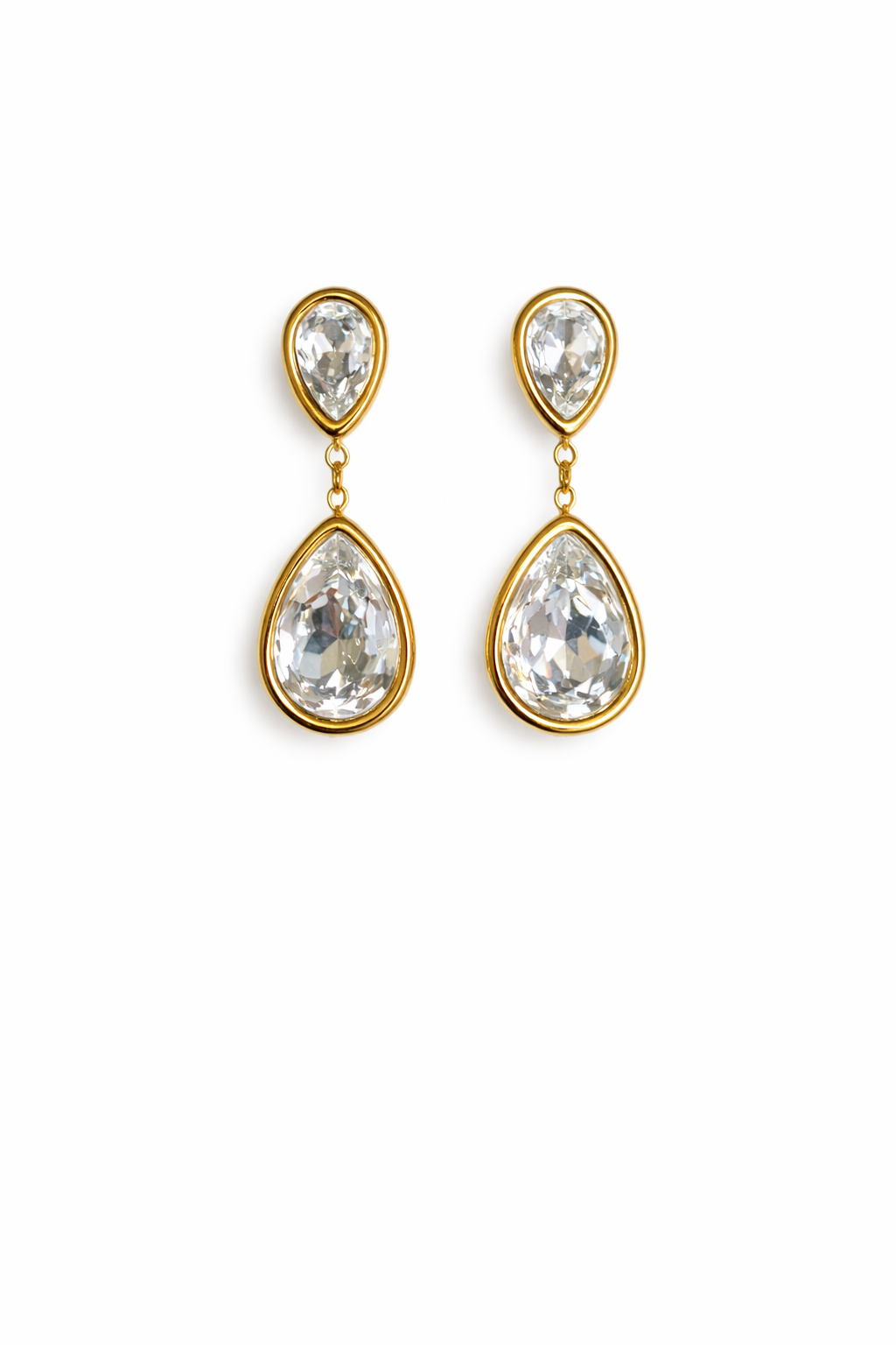 Boucles d'oreilles pendantes dorées serties de 2 gouttes en verre banches - Rêve de Rose