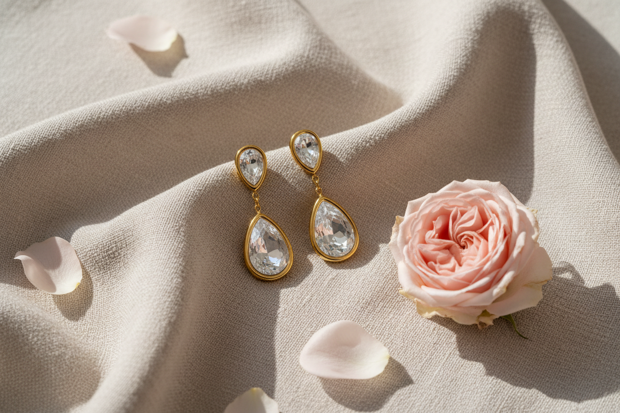 Boucles d'oreilles pendantes dorées serties de 2 gouttes en verre banches - Rêve de Rose