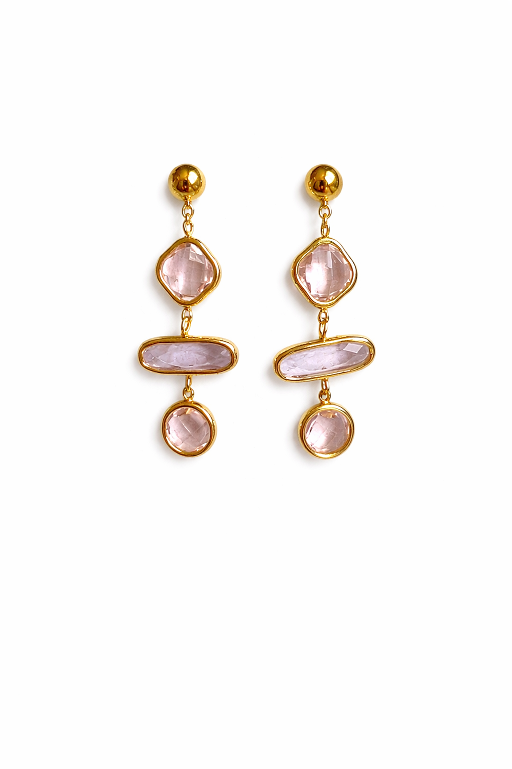 Boucles d'oreilles dorées pendantes pierres facettées roses - Rêve de Rose