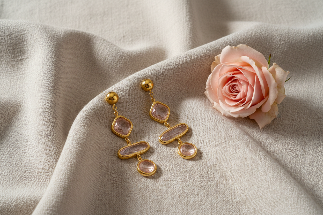 Boucles d'oreilles dorées pendantes pierres facettées roses - Rêve de Rose