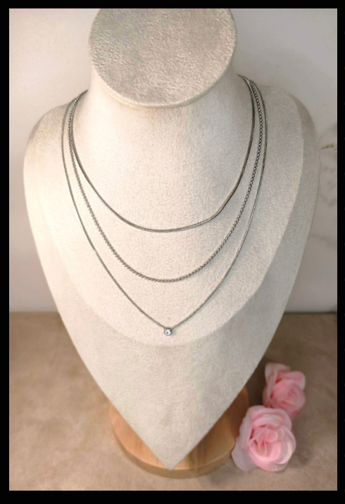 Collier Acier Inoxydable Triple Chaîne Cristal - Rêve de Rose
