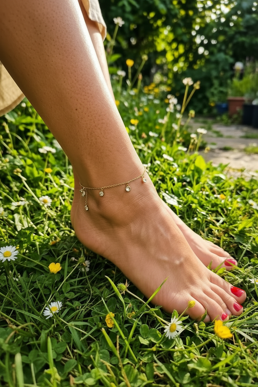 Chaîne de cheville dorée pendants zirconium scintillants portée sur pied, acier inoxydable portée – Rêve de Rose