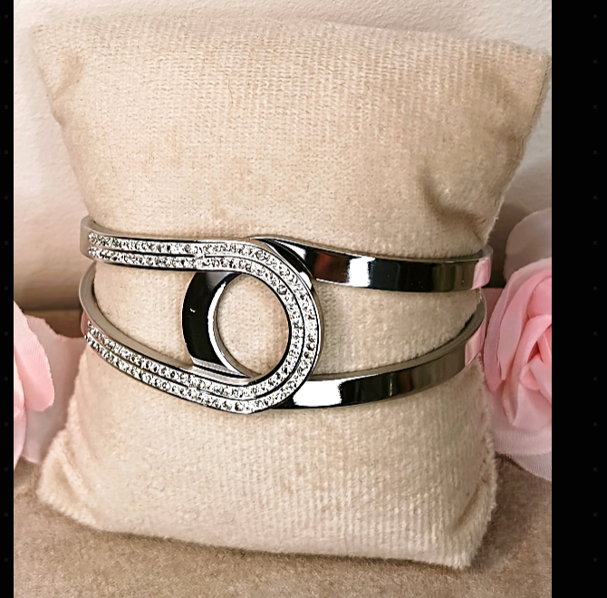 Jonc Double Argenté Cercle Pavé Cristaux - Rêve de Rose