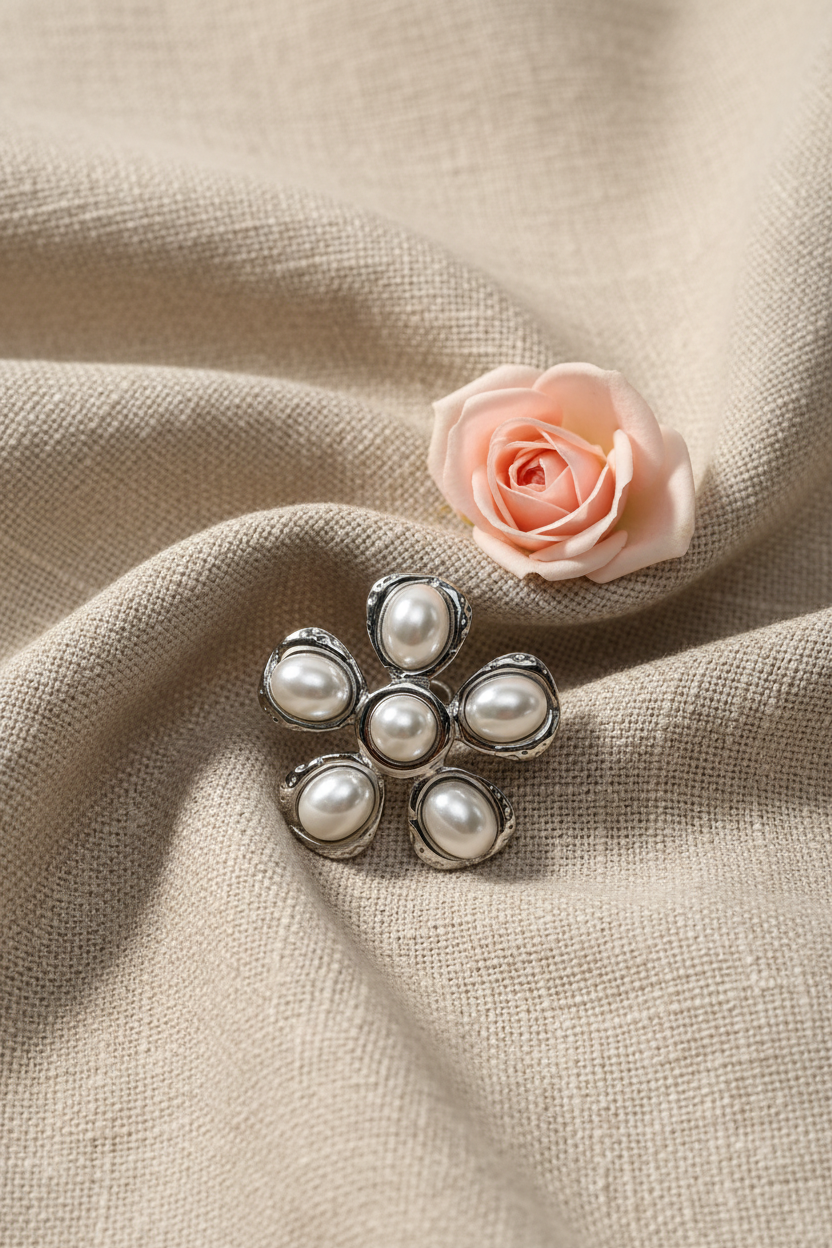 Bague Fleur Perles Ajustable Acier Inoxydable Argenté - Rêve de Rose