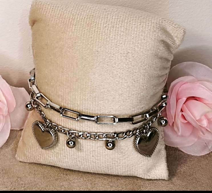 Bracelet Double Chaîne Argenté Breloques Cœurs - Rêve de Rose
