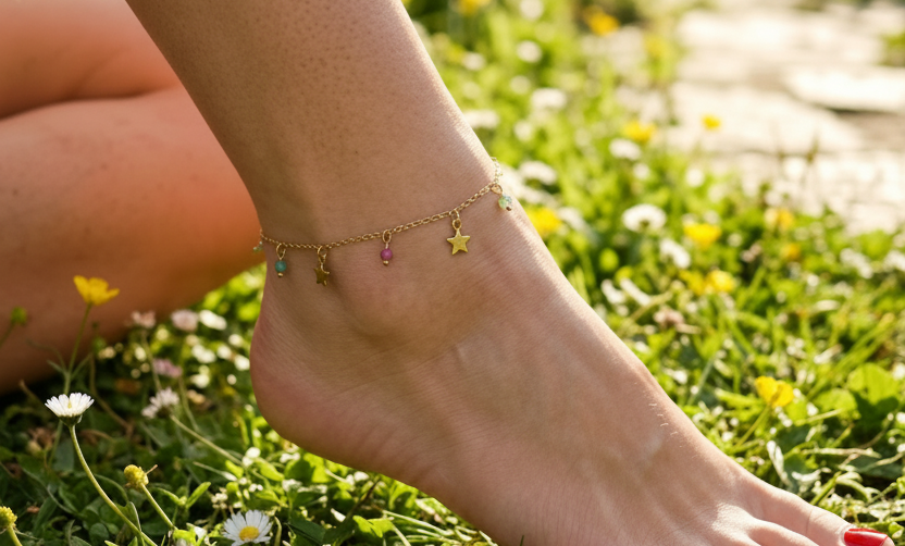 Chaîne de cheville dorée charms étoiles et pierres colorées acier inoxydable portée – Rêve de Rose